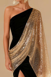 Elegant One Shoulder Black Mermaid Evening Dress With Slit