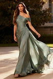 Dusty Sage Pleated A-Line Off The Shoulder Maxi Evening Dress