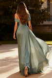 Dusty Sage Pleated A-Line Off The Shoulder Maxi Evening Dress