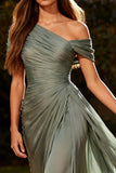 Dusty Sage Pleated A-Line Off The Shoulder Maxi Evening Dress