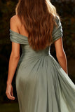 Dusty Sage Pleated A-Line Off The Shoulder Maxi Evening Dress