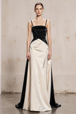 Black and White Spaghetti Straps A-Line Maxi Evening Dress