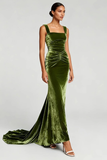 Mermaid Velvet Olive Ruched Evening Dress