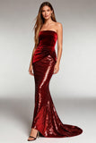 Burgundy Strapless Ruched Velvet Mermaid Evening Dress With Sequins