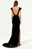 Black Mermaid Velvet Ruched Evening Dress With Slit
