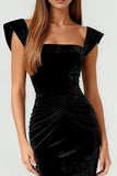 Black Mermaid Velvet Ruched Evening Dress With Slit