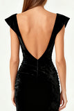 Black Mermaid Velvet Ruched Evening Dress With Slit