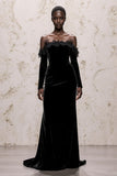 Black Off The Shoulder Long Sleeve Velvet Evening Dress With Lace