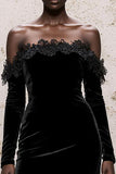 Black Off The Shoulder Long Sleeve Velvet Evening Dress With Lace