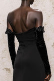 Black Off The Shoulder Long Sleeve Velvet Evening Dress With Lace