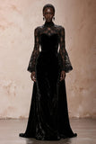 Black Velvet High Neck Evening Dress with Lace
