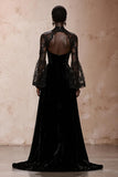 Black Velvet High Neck Evening Dress with Lace