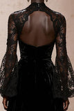 Black Velvet High Neck Evening Dress with Lace