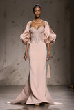 Light Pink Mermaid Appliqued Evening Dress With Puff Sleeves