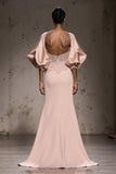 Light Pink Mermaid Appliqued Evening Dress With Puff Sleeves