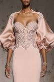 Light Pink Mermaid Appliqued Evening Dress With Puff Sleeves