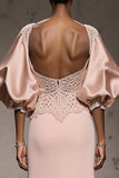 Light Pink Mermaid Appliqued Evening Dress With Puff Sleeves