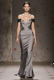 Silver Off The Shoulder Mermaid Satin Maxi Evening Dress