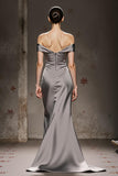 Silver Off The Shoulder Mermaid Satin Maxi Evening Dress