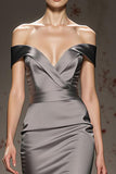 Silver Off The Shoulder Mermaid Satin Maxi Evening Dress