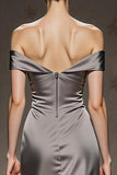 Silver Off The Shoulder Mermaid Satin Maxi Evening Dress