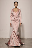 Light Pink Mermaid V-Neck Satin Evening Dress with Long Sleeves