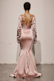 Light Pink Mermaid V-Neck Satin Evening Dress with Long Sleeves