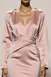 Light Pink Mermaid V-Neck Satin Evening Dress with Long Sleeves