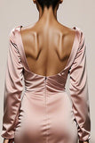 Light Pink Mermaid V-Neck Satin Evening Dress with Long Sleeves