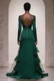 Dark Green Satin Mermaid Evening Dress With Long Sleeves