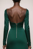 Dark Green Satin Mermaid Evening Dress With Long Sleeves