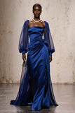 Royal Blue Satin Evening Dress With Bishop Sleeves