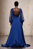 Royal Blue Satin Evening Dress With Bishop Sleeves