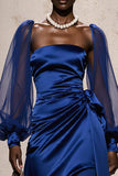 Royal Blue Satin Evening Dress With Bishop Sleeves