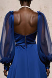Royal Blue Satin Evening Dress With Bishop Sleeves
