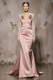 Light Pink Mermaid Beaded Long Sleeve Satin Evening Dress