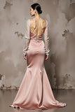 Light Pink Mermaid Beaded Long Sleeve Satin Evening Dress