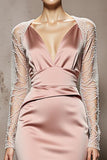 Light Pink Mermaid Beaded Long Sleeve Satin Evening Dress