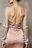 Light Pink Mermaid Beaded Long Sleeve Satin Evening Dress