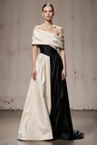 Black and White Off The Shoulder A-Line Satin Evening Dress