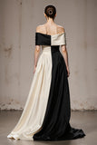 Black and White Off The Shoulder A-Line Satin Evening Dress
