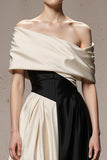 Black and White Off The Shoulder A-Line Satin Evening Dress