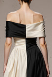 Black and White Off The Shoulder A-Line Satin Evening Dress