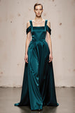 Peacock Blue A-Line Cold Shoulder Satin Evening Dress
