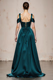 Peacock Blue A-Line Cold Shoulder Satin Evening Dress