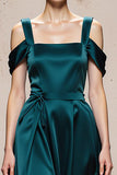 Peacock Blue A-Line Cold Shoulder Satin Evening Dress