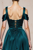 Peacock Blue A-Line Cold Shoulder Satin Evening Dress