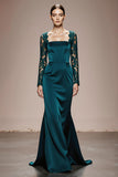 Mermaid Peacock Blue Appliqued Evening Dress with Long Sleeves