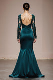 Mermaid Peacock Blue Appliqued Evening Dress with Long Sleeves