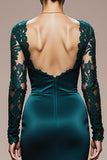 Mermaid Peacock Blue Appliqued Evening Dress with Long Sleeves